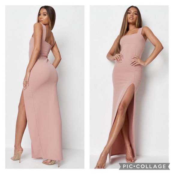 Missguided Dresses & Skirts - Missguided Crepe Square Neck High Slit Column Gown in Blush